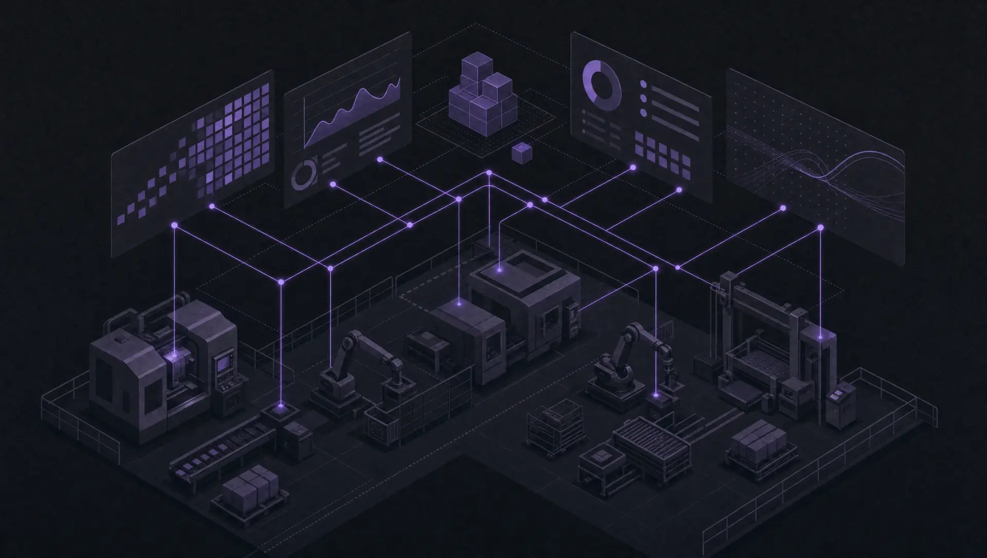 Isometric factory floor with machines streaming data up to dashboard panels