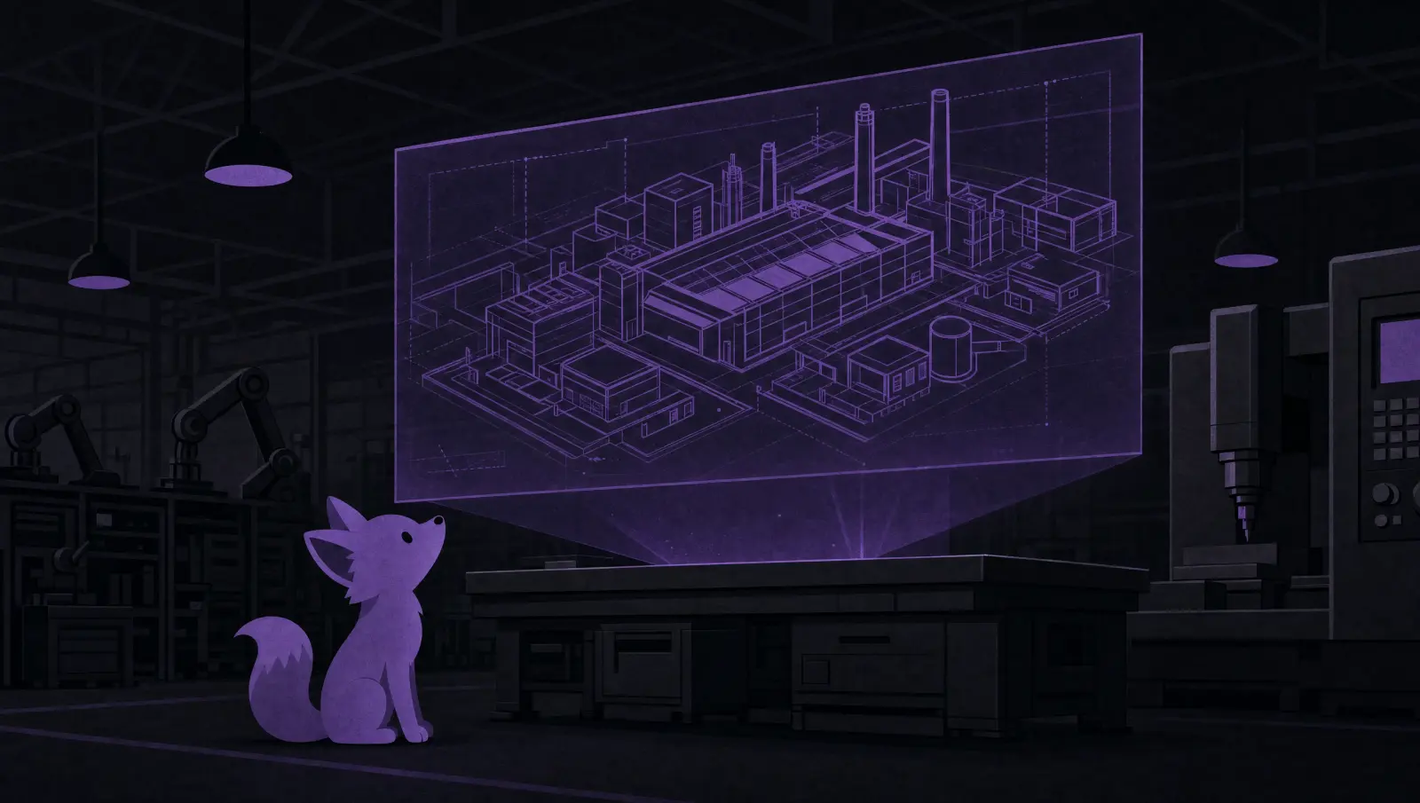 The Xentr fox studying a factory blueprint